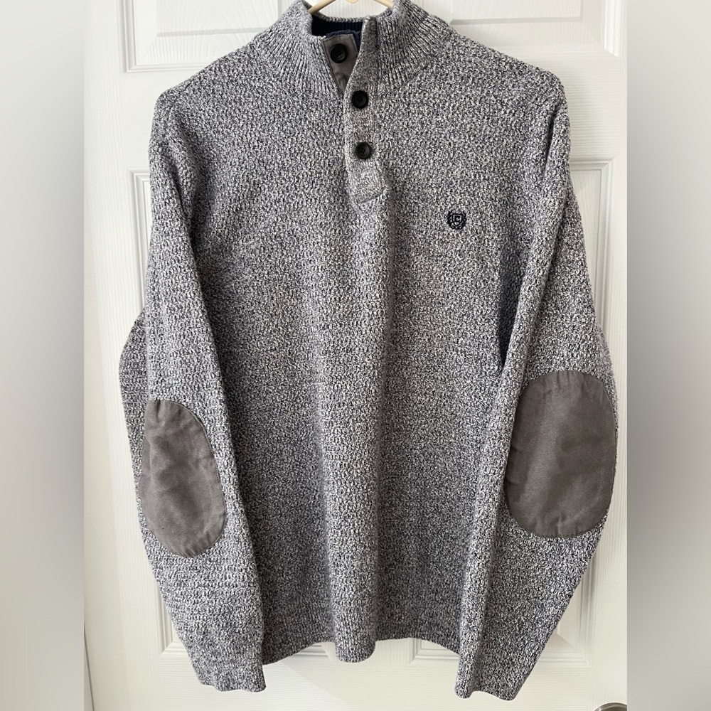 Men’s Chaps Large Pull Over, Quarter Button Down, Elbow Patch, Knit, Blue/Gray